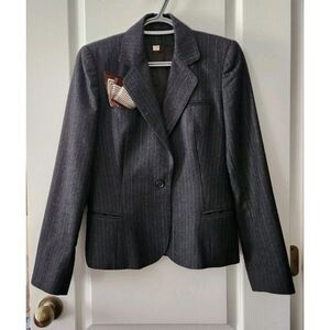 Women's 100% Pure‎ Wool Stripe Blazer Gray With Pockets, shoulder pads Size 10